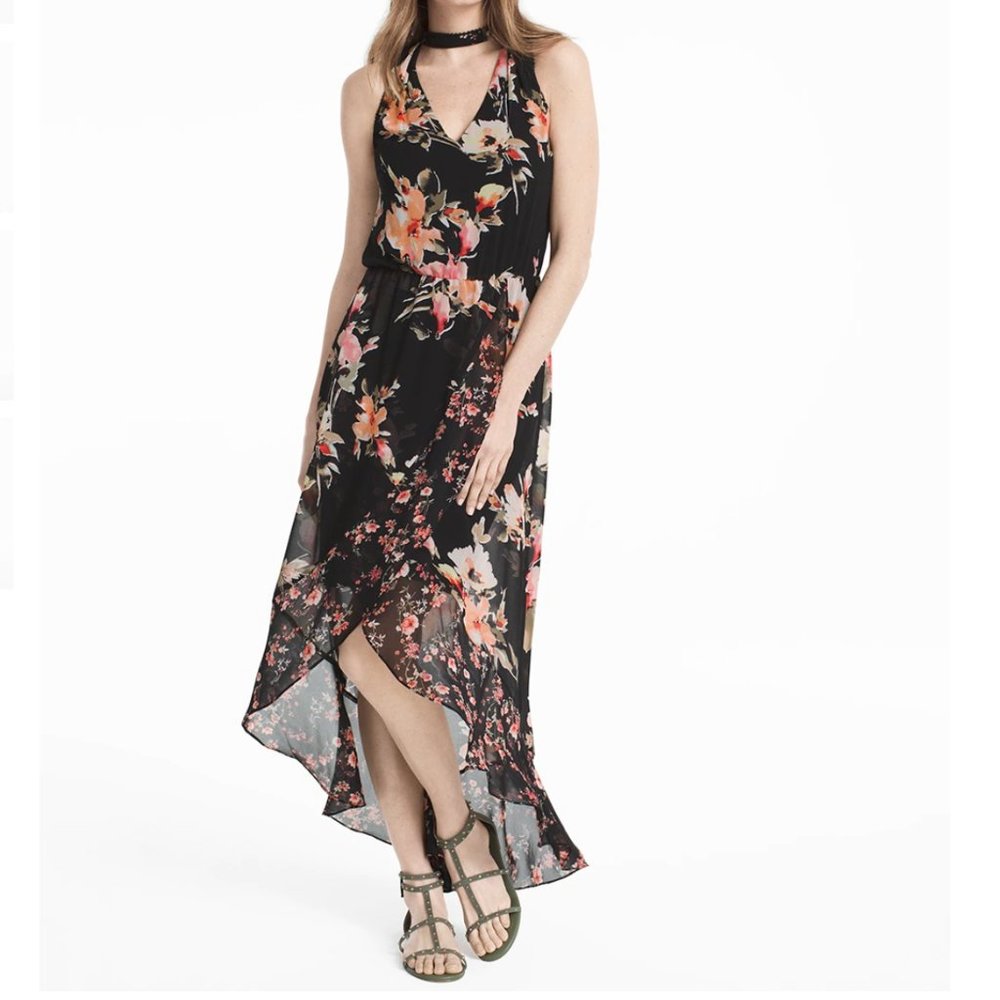 WHBM Choker Neck Floral Hi Lo Maxi Chiffon Dress